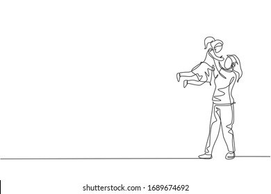 Single continuous line drawing young happy mother playing together, raising her lovely daughter up in the air. Happy family motherhood concept. Trendy one line draw design vector graphic illustration