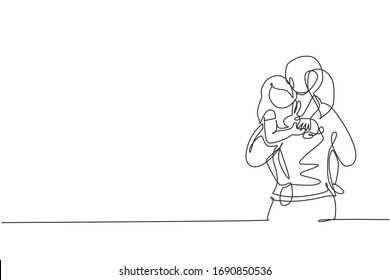 Single continuous line drawing of young mom hugging her sleepy daughter who hold rabbit doll go to the room. Happy family parenting concept. Trendy one line draw design graphic vector illustration