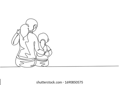 Single continuous line drawing young mother talking and her daughter about goal   education at home  Happy family parenting concept  Trendy one line draw graphic design vector illustration