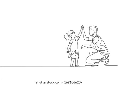 Single continuous line drawing of young father giving high five to daughter at home for a school achievement, parenthood time. Family parenting concept. Trendy one line draw design vector illustration