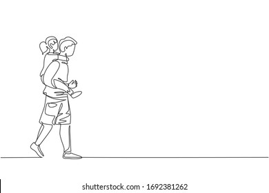 Single continuous line drawing of young dad talking to his daughter while carrying her on back go to the bed room, happy parenting. Family loving care concept. One line draw design vector illustration