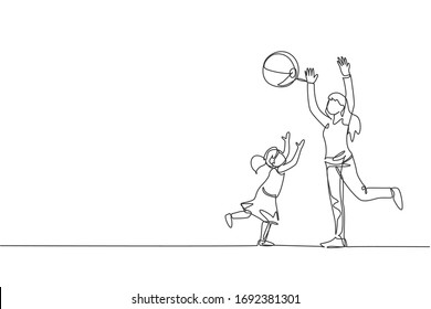 Single continuous line drawing of young playing throw beach ball with her daughter at home, happy parenting. Family loving care concept. Trendy one line draw graphic design vector illustration