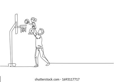 Single continuous line drawing of young father raise his daughter to score when playing basketball game at home field. Happy family parenthood concept. Trendy one line draw design vector illustration