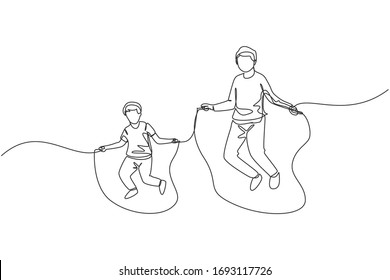 Single continuous line drawing young father and his son exercise jumping with skipping rope at park near home. Happy family parenthood concept. Trendy one line draw design graphic vector illustration