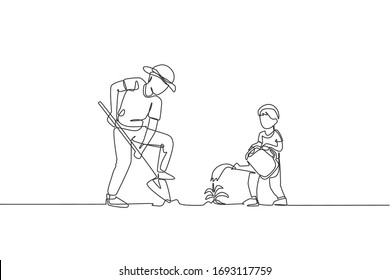 Single continuous line drawing young dad digging ground using shovel and son watering a plant at home garden . Happy family parenthood concept. Trendy one line graphic draw design vector illustration