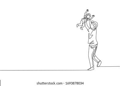 Single continuous line drawing of young dad playing raise his daughter up into the sky at home. Happy family parenting concept. Trendy one line draw design vector graphic illustration