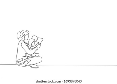 Dibujo continuo de una joven madre sentada en el piso y leyendo un libro de historia a su hija en casa. Feliz concepto de paternidad familiar. Ilustración vectorial de diseño de tracción de una línea de moda