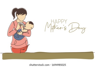 Single continuous line drawing of young mother feeding her baby full of warmth. Happy mother's day concept. Greeting card with typography. Trendy one line draw design vector illustration