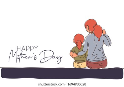 Single continuous line drawing of young mom sitting while talking with her daughter. Happy mother's day concept. Greeting card with typography. Trendy one line draw design vector illustration