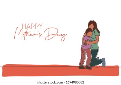 Single continuous line drawing of young mom hugging her daughter before go to school. Happy mother's day concept. Greeting card with typography. Trendy one line draw design vector illustration