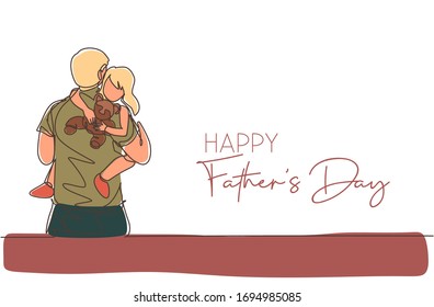 Single continuous line drawing of young father carrying his sleepy daughter who hold bear doll. Happy father's day concept. Greeting card with typography. One line draw design vector illustration