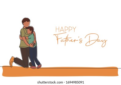 Single continuous line drawing of young father hugging his son full of warmth. Happy father's day concept. Greeting card with typography. Trendy one line draw design vector illustration