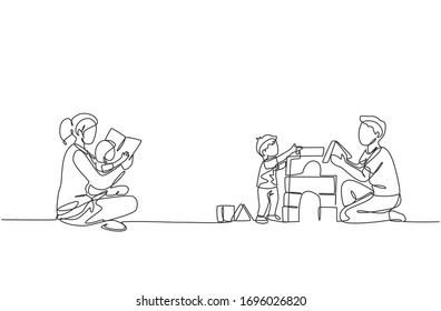 Single continuous line drawing of young mother reading book to daughter and father playing block puzzle house with son at home. Happy family parenting concept. One line draw design vector illustration