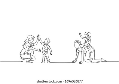 Single continuous line drawing of young mother and father playing with their children at home, giving high five. Happy family parenting concept. Trendy one line draw design vector illustration