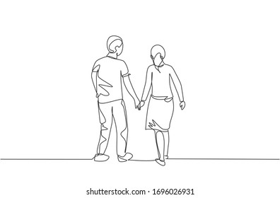 Single continuous line drawing of young couple wife and husband walking together and holding hand, back view. Happy family parenting concept. Trendy one line draw design vector illustration