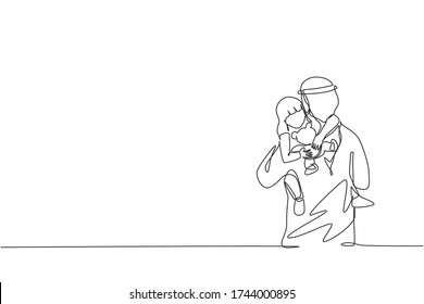 Single continuous line drawing of young Islamic dad hugging his sleepy daughter girl while holding toy doll. Arabian Muslim happy family parenting concept. One line draw design vector illustration
