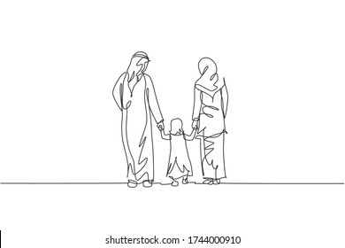 Single continuous line drawing of young Islamic mom and dad walk while hold their daughter girl's hand together. Arabian Muslim happy family parenting concept. One line draw design vector illustration