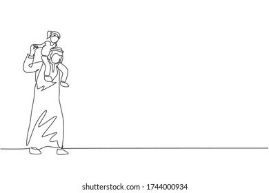 Single continuous line drawing of young happy Arabian father playing and lifting daughter girl on his shoulder. Muslim happy family parenting concept. One line draw design vector illustration