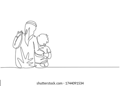 Single continuous line drawing young Arabian father talk to his boy   encourage him to reach all dreams  Islamic muslim Happy family fatherhood concept  One line draw design vector illustration