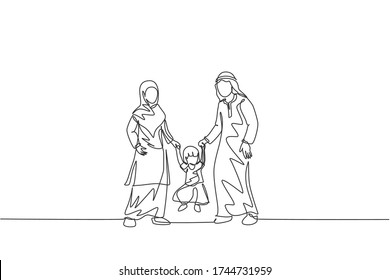 Single continuous line drawing of young Islamic mom and dad playing and holding their daughter's hand, happy parenting. Arabian family care concept. Trendy one line draw design vector illustration