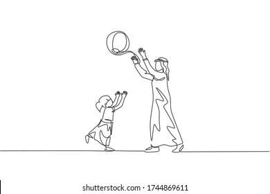 Single continuous line drawing of young Arabian dad playing and throwing beach ball to daughter at park. Islamic muslim happy family fatherhood concept. Trendy one line draw design vector illustration
