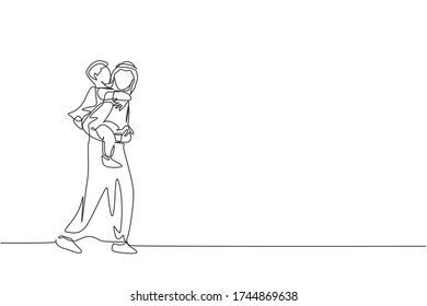 Single continuous line drawing of young Arabian father talk to son while carry on with piggyback style. Islamic muslim happy family fatherhood concept. Trendy one line draw design vector illustration