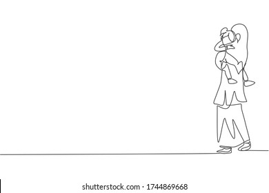 Single continuous line drawing of young Islamic daughter sleeping on mom's hug while walk to bedroom. Arabian muslim happy family motherhood concept. Trendy one line draw design vector illustration