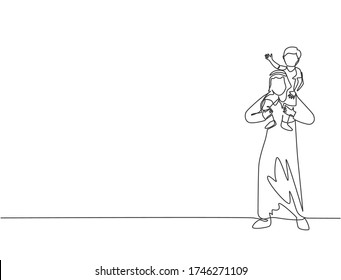 Single continuous line drawing of young Arabian father lift and hold son on shoulder and take a walk at park. Islamic muslim happy family fatherhood concept. One line draw design vector illustration