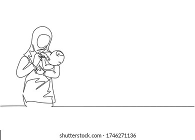 Single continuous line drawing of young Islamic mother hugging and feeding healthy food to her infant baby. Arabian muslim happy family motherhood concept. One line draw design vector illustration