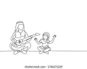 Single continuous line drawing of young Arabian dad entertain her daughter playing guitar on the floor. Islamic muslim happy family fatherhood concept. Trendy one line draw design vector illustration