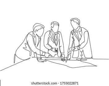 Single Continuous Line Drawing Of Young Workers Talking Seriously About Company Policy Around The Table. Office Employee Life Discussion Concept. One Line Draw Design Graphic Vector Illustration