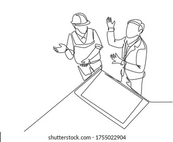 Single continuous line drawing of young architect and foreman discussing about blueprint building design. Construction planning talk concept. Modern one line draw design graphic vector illustration