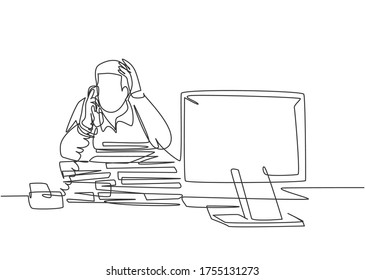 Single continuous line drawing of young bored male worker receiving phone call from customer behind stack of paper. Daily overload job at the office concept. One line draw design vector illustration