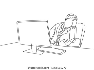 Single continuous line drawing of young sleepy businessman fall asleep on office chair with computer turn on at work desk. Work fatigue concept one line draw design vector illustration