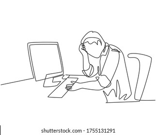 Single continuous line drawing of young tired businessman feel dizzy while he is working at office. Work fatigue after overload job concept. Trendy one line draw design graphic vector illustration