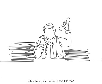 Single continuous line drawing of young dizzy male customer service worker receiving many call in front of stack of papers. Customer care service concept one line draw design vector illustration