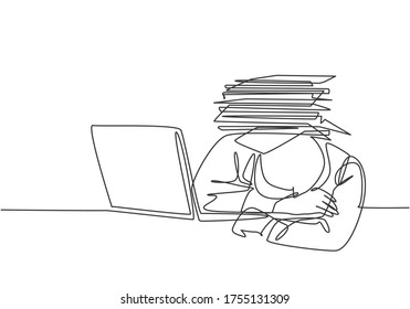 Single continuous line drawing of young despair employee got crushed by pile of papers on his desk. Work overload pressure at the office concept. One line draw graphic design vector illustration