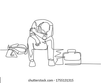 Single continuous line drawing of young depressed male manager bowed limply on chair after he got sacked from the work office. Job dismissal concept one line draw design graphic vector illustration