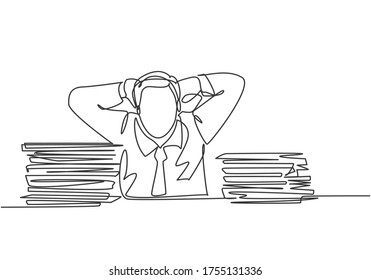 Single continuous line drawing of young frustrated businessman got headache facing pile of papers project on his desk. Overtime work at the office concept one line draw design vector illustration