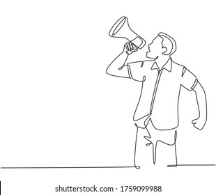 Single continuous line drawing of young eagerness businessman shouting loudly using megaphone to train his speak. Public speaking practice concept one line draw design vector graphic illustration