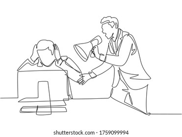 Single continuous line drawing of young frustrated manager shouting his frightened male staff using megaphone. Work pressure at the office concept one line draw design graphic vector illustration