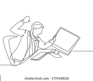 Single continuous line drawing of young frustrated employee ready to punch monitor computer using his fist hand. Work pressure at the office concept one line draw graphic design vector illustration