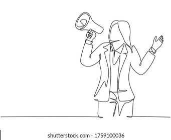 Single continuous line drawing of young angry businesswoman shouting loudly using megaphone to train her speak. Public speaking practice concept one line draw graphic design vector illustration