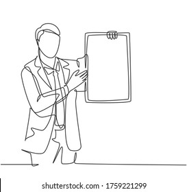 Single continuous line drawing of young presenter giving instruction using little blackboard while meeting at the office. Work presentation concept one line draw design graphic vector illustration