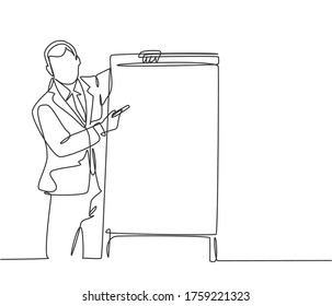 Single continuous line drawing of young business coach teaching strategy to increase sales product to sales team. Business coaching concept. Trendy one line draw design vector graphic illustration