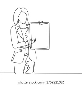 Single continuous line drawing of young female presenter presenting new product launch using tablet while meeting at the office. Work presentation concept one line draw design vector illustration