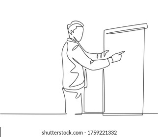 Single continuous line drawing of young sales manager pointing a finger to the infographic on screen board during meeting. Work presentation at office concept one line draw design vector illustration