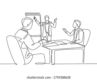 Single continuous line drawing of young happy business coach presenting lesson to class members. Business meeting and presentation concept. Modern one line draw design graphic vector illustration