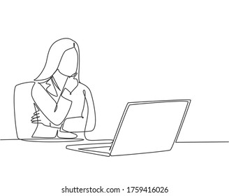 Single continuous line drawing of young female startup founder sitting in front of computer thinking of sales strategy for her company. Marketing strategy concept one line drawing design vector illustration