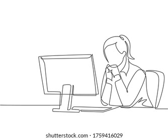 Single continuous line drawing of young female manager sitting calmly in front of laptop and thinking of business strategy at the office. Business idea concept.  One line drawing design vector illustration